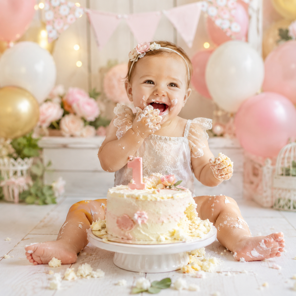Baby smashing their first birthday cake at a first birthday party in Australia with a decorated smash cake